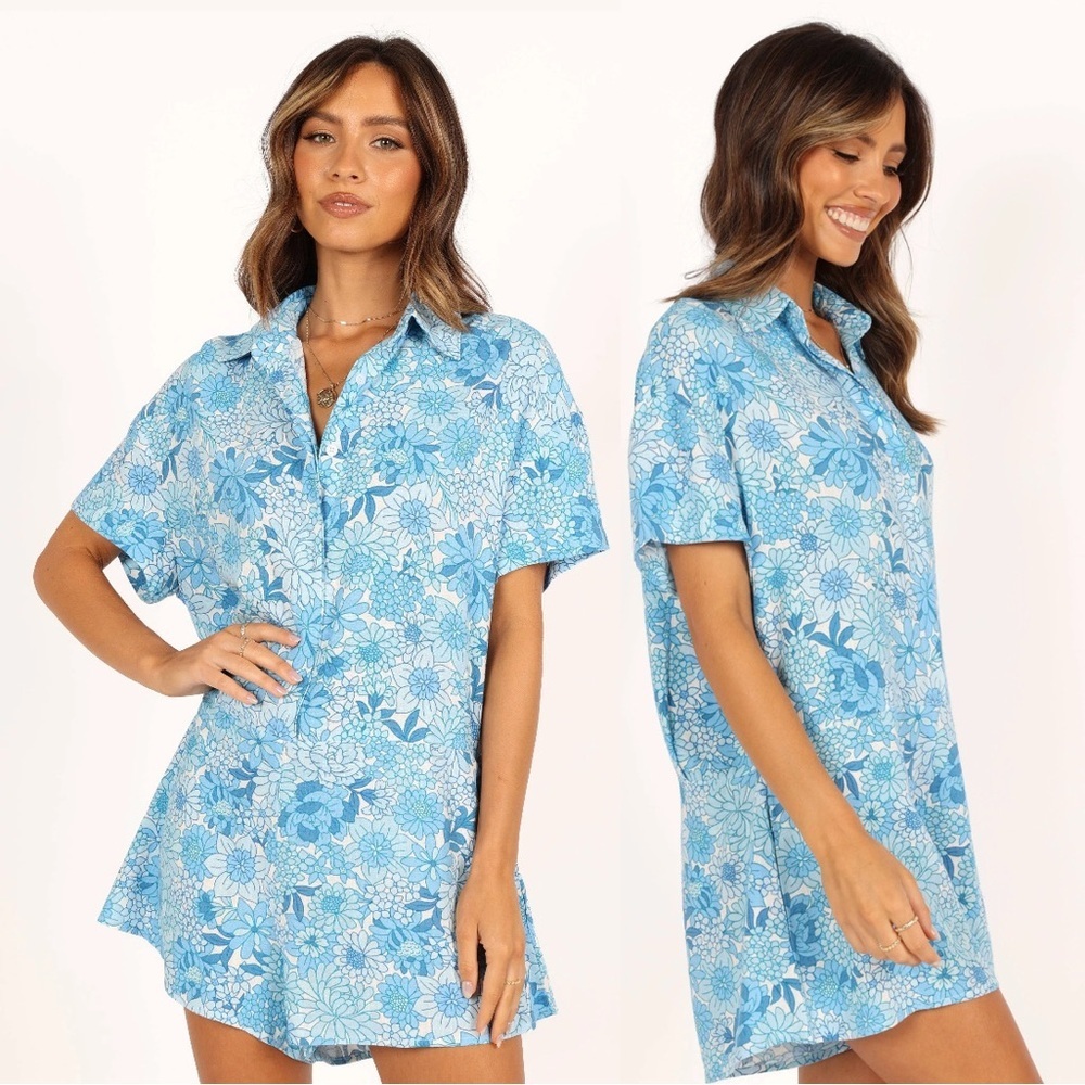 Petal and Pup Emily Button Through Romper blue floral print size XS linen cotton